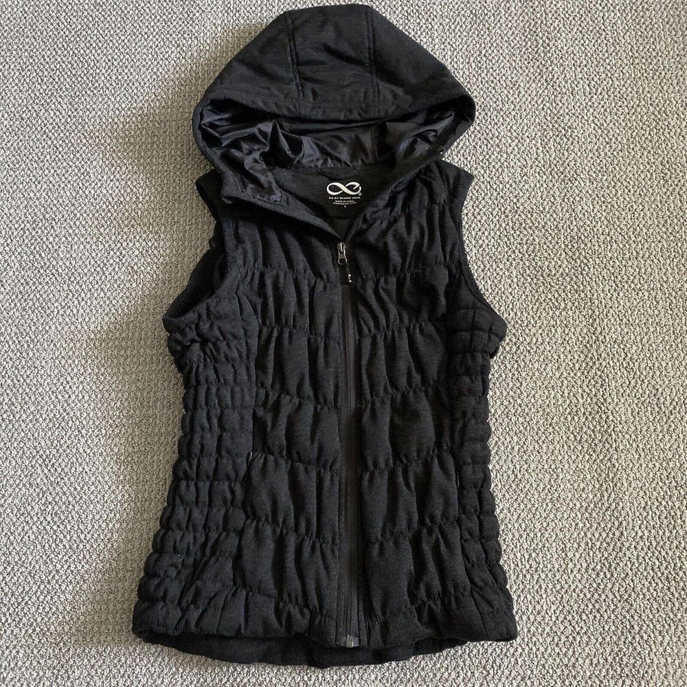 Be by Blanc Noir Womens Puffer Vest Size S Black Gray Down Hooded Quilt Full Zip